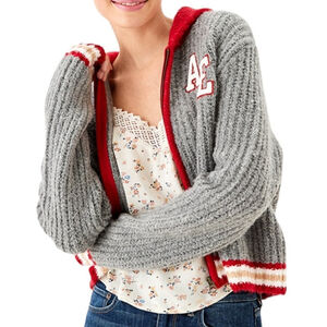 American Eagle Grey Patchwork Varsity Preppy Zip Up Jacket Cardigan Cozy Size XL